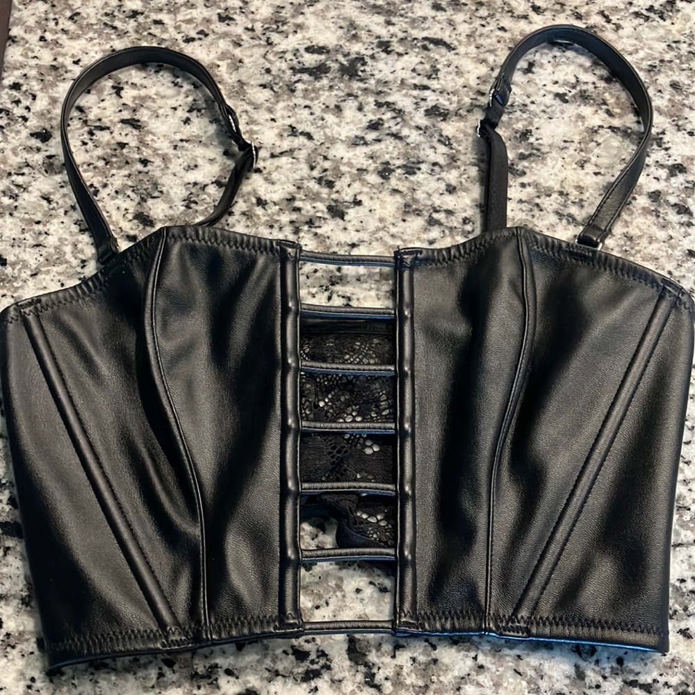 XS- Victoria’s Secret faux leather strapless bralette cami top long line